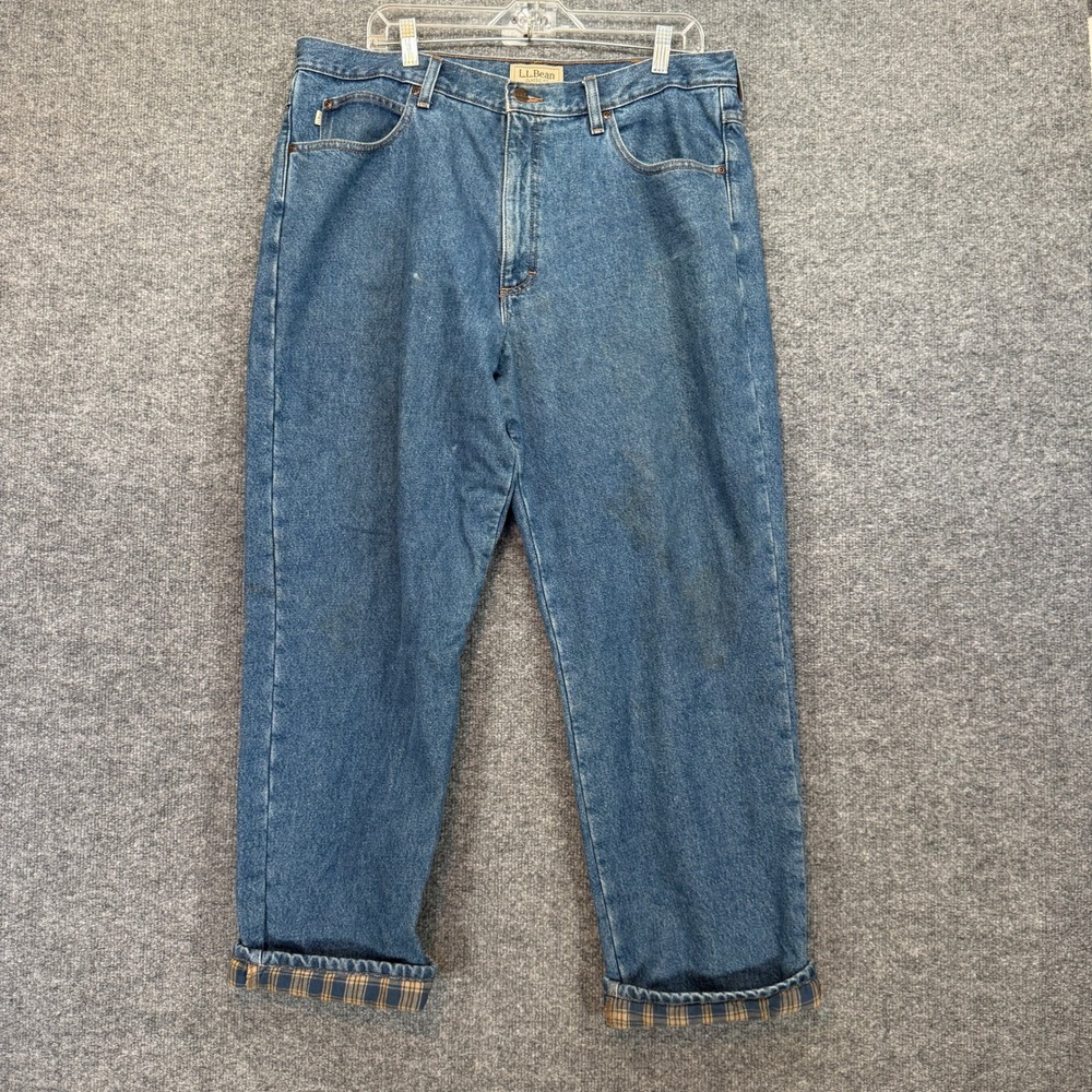 L.L Bean Flannel Lined Jeans Men 38x30 Blue Plaid Lining Warm Winter Denim Pants